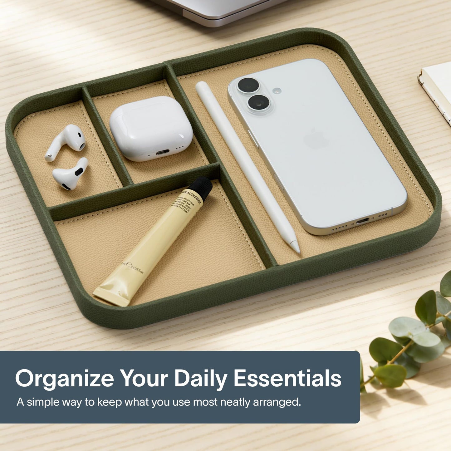 Nordik Leather Valet Tray - Moss Green - 9.5 x 7.9 Inch Medium Vegan Leather Tray - Stylish Nightstand Organizer for Men - Modern Bedside Caddy - EDC Catchall for Key Watch Wallet Jewellery