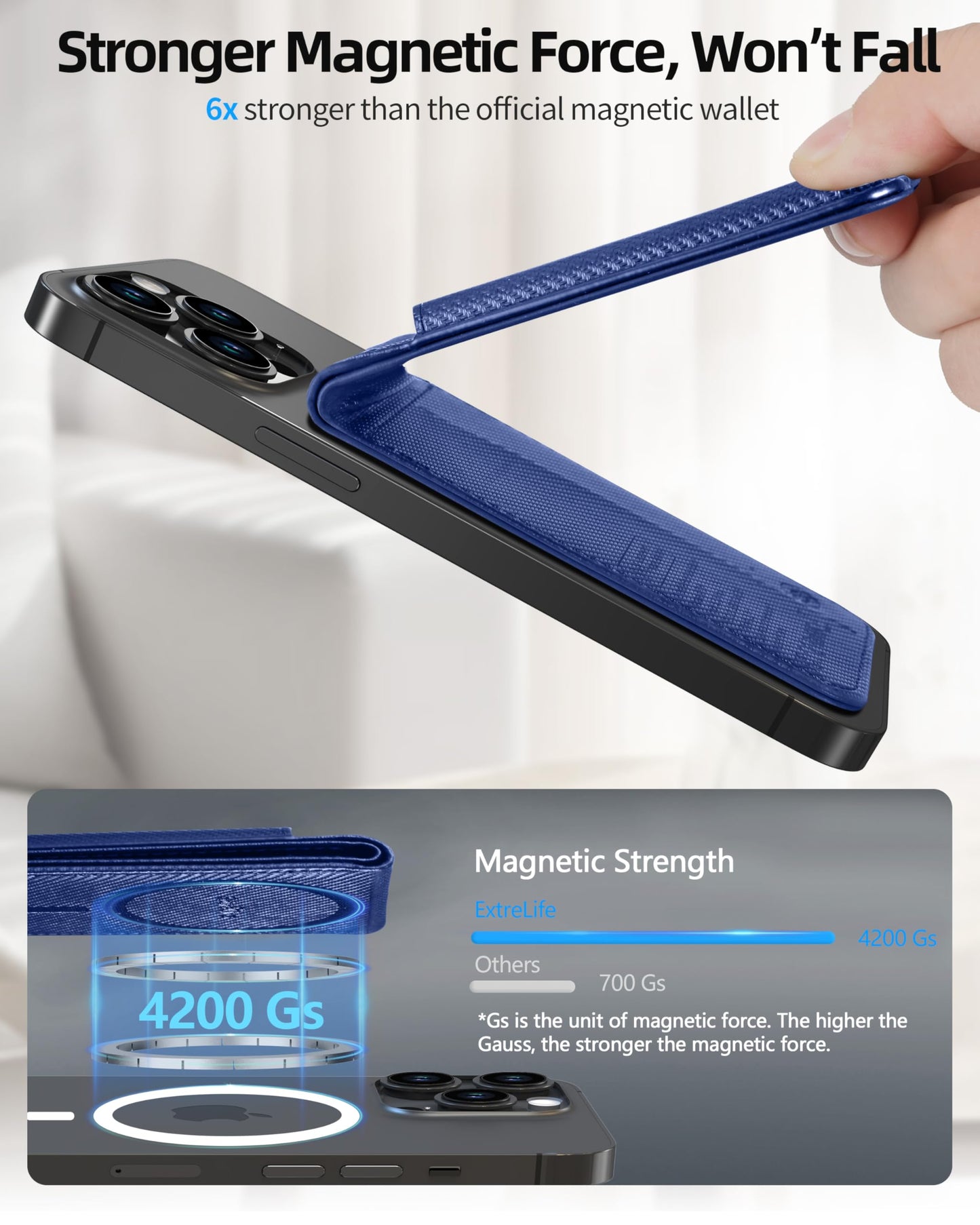 ExtreLife for Magsafe Wallet, Works with Apple Find My, Strongest Magnetic Wallet for iPhone 17/16/15/14/13/12 Series, WalletTracker with Adjustable Stand, 6 Card Holder, Bright Blue