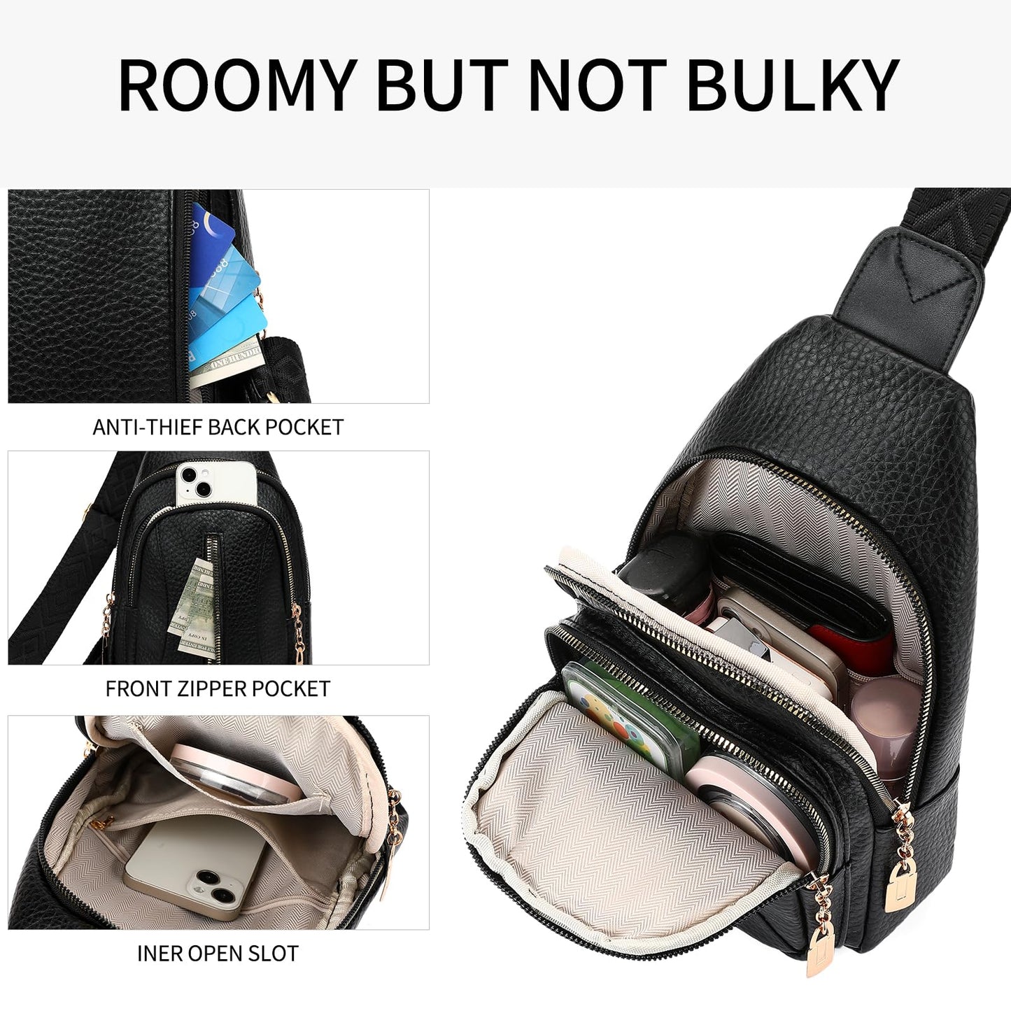 GOIACII Cossbody Bag for Women Sling Bag Anti Theft Travel Purse Fanny Packs Leather Black
