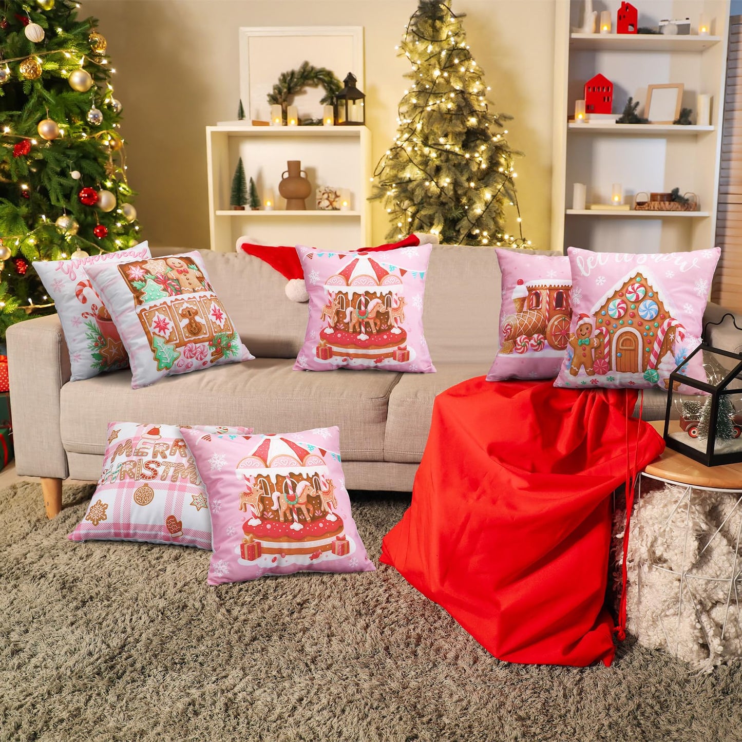 Fanfanwin 6 Pcs Pink Christmas Gingerbread Throw Pillow Covers 18 x 18 Inch Gingerbread House Truck Hot Cocoa Pink Christmas Decorative Pillow Cases for Xmas Sofa Couch Decor(Novel)