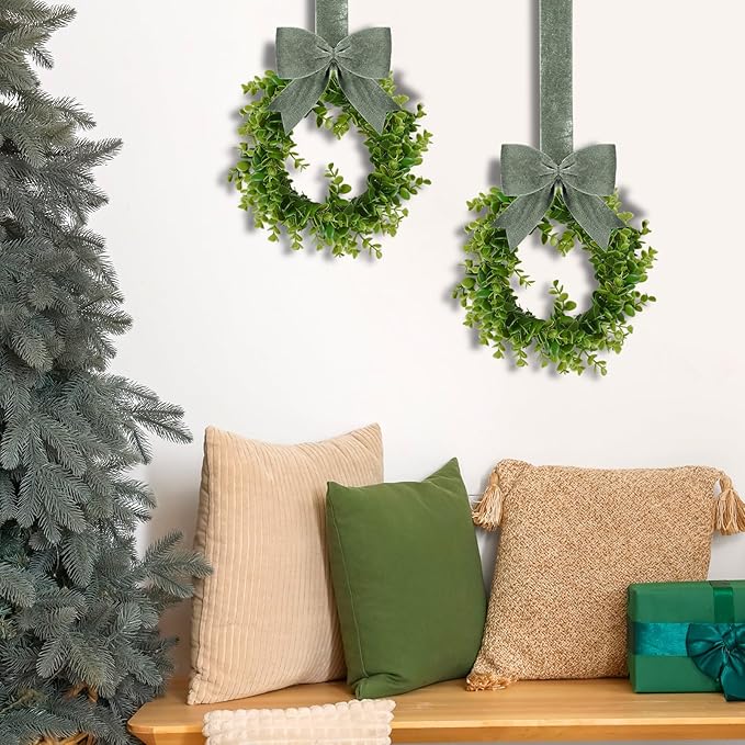 WILLBOND 4 Pcs Christmas Kitchen Cabinet Wreath Boxwood Garland with Ribbon Greenery Garland Hanging Wreaths for Cabinet Wall Window Door Fireplace Party Farmhouse Decor(Green,Velvet)