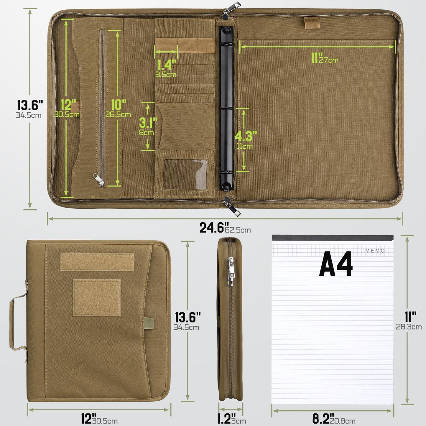 Livans Portfolio Padfolio Binder Detachable 3-Ring Planner, Zip Tactical Notebook Cover with A4 Letter Paper, Multi-Pocket Carry Bag for Gift, Out-Work, Travels, Office & School