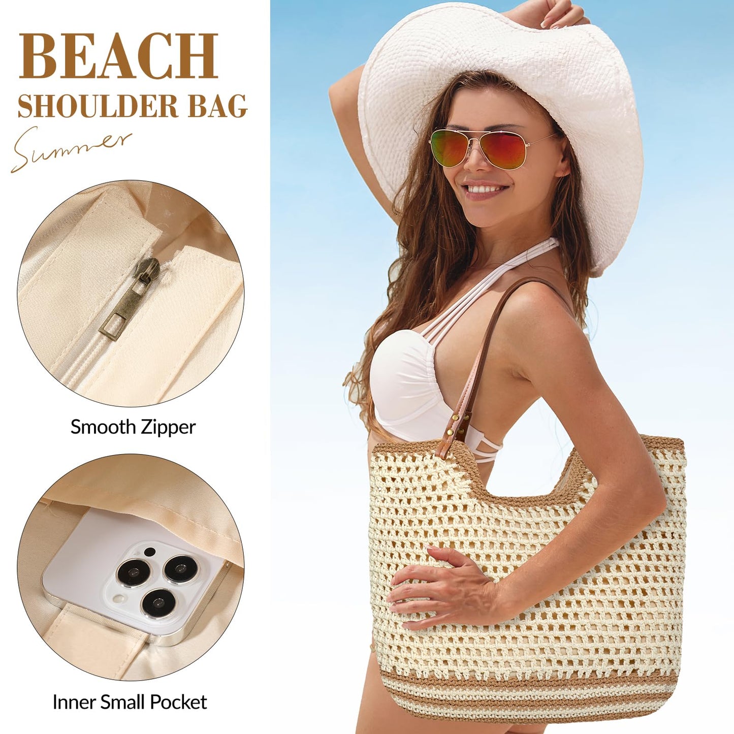 Pleneal Crochet Beach Bags for Women, Summer Beach Tote Bag, Soft Woven Shoulder Bags for Vacation