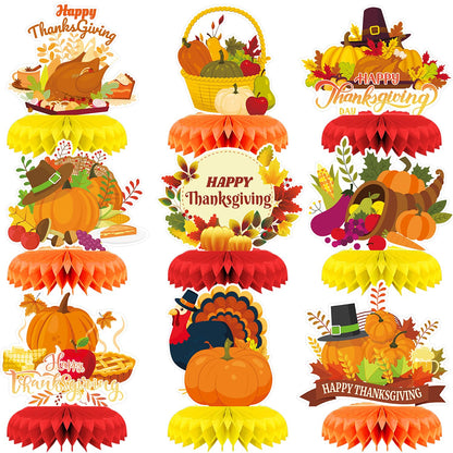9Pcs Thanksgiving Centerpiece Fall Centerpiece Table Decorations Pumpkin Turkey Honeycomb Thanksgiving Table Centerpiece for Thanksgiving Table Decoration Autumn Theme Birthday Party Supplies