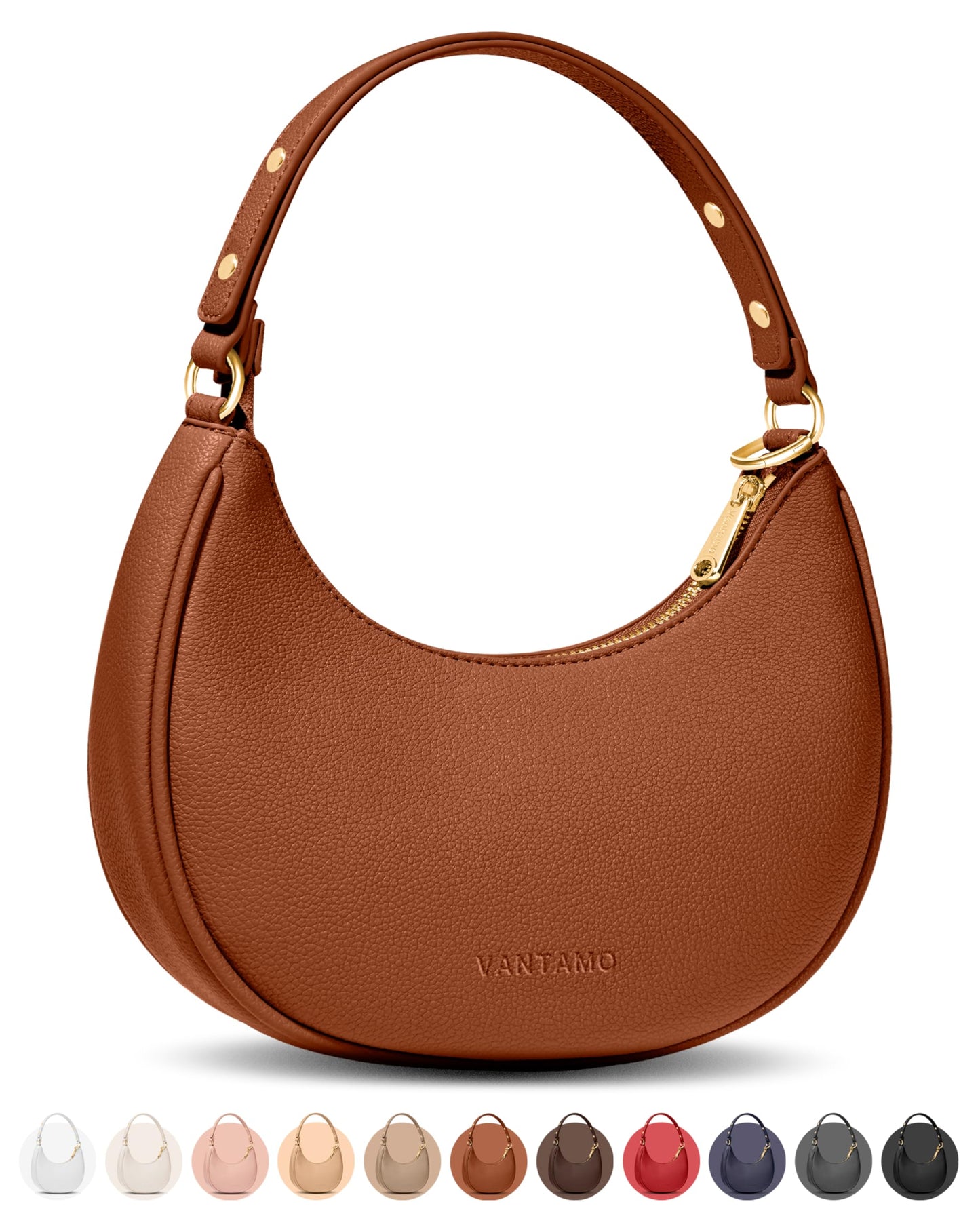 Vantamo Crescent Bags For Women with RFID Protection, Half Moon Clutch Purses for Women with Anti-Theft Clip for Extra Safety, Premium Smooth PU Leather Handbags for Work & Going Out, Sienna Tan Purse