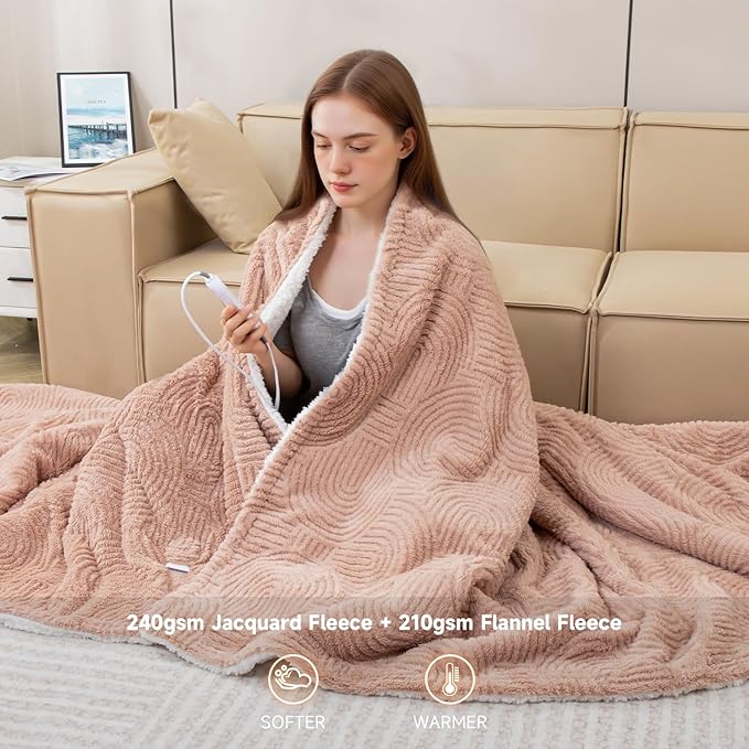 Heated Throw Blanket Electric - 50"x60" Cozy Soft Jacquard Heating Blanket with 4 Heat Levels & 4 Hours Auto-Off, Electric Throw with Overheating Protection, Warm Gifts, Brown