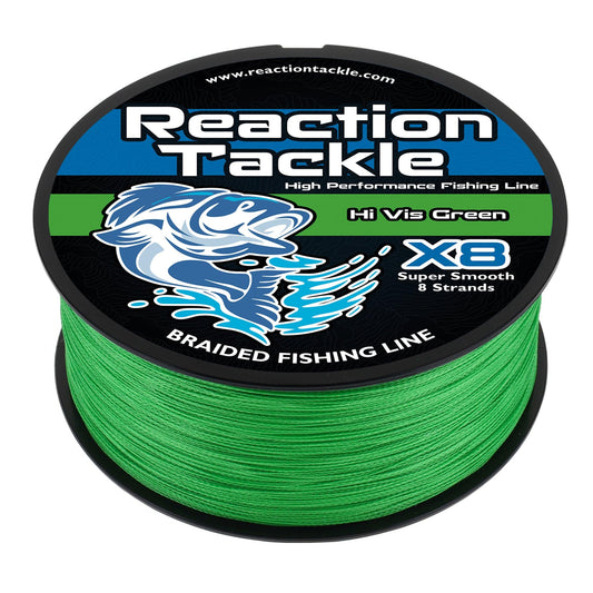 Reaction Tackle Braided Fishing Line - Pro Grade Power Performance for Saltwater or Freshwater Fish - Colored Fishing Line Braid for Extra Visibility - X8 Hi Vis Green 20 Lb (150 Yards)