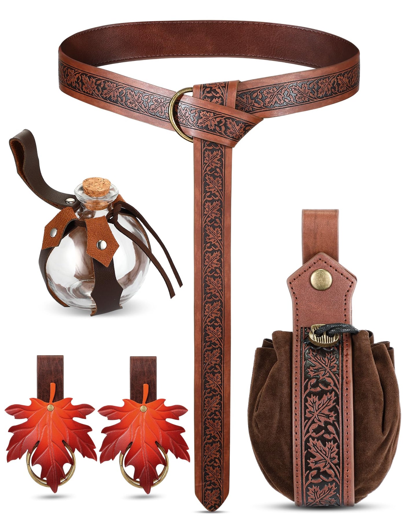 Sweetude 6 Pcs Renaissance Belt Accessories Medieval Viking Belt Potion Bottles Leather Pouch Skirt Hikes(Brown,Brown Leaf Style)