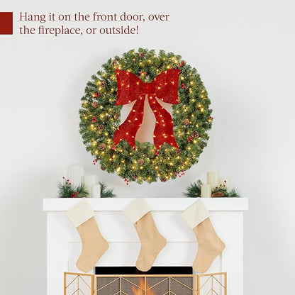 Best Choice Products 48in Pre-Lit Christmas Wreath w/Berries & Pinecones, Large Artificial Indoor/Outdoor Decor for Door, Mantel w/Red Bow, Plug-in