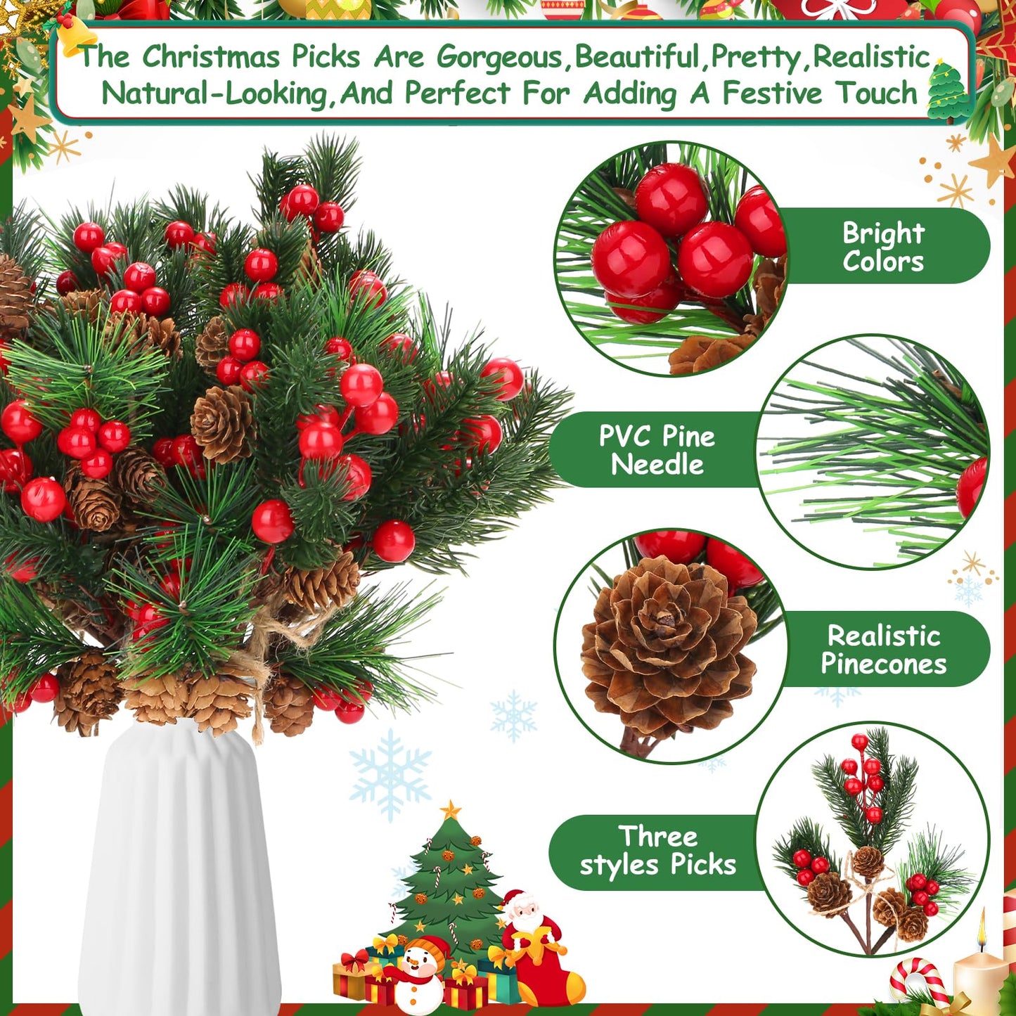 34Pcs Artificial Christmas Floral Picks, Red Berry Picks with Pinecones and Pine Branches, Fake Berries Pine Cone Berry Stems Set for Wreath, Garland, Vase, Tree, Holiday Home Winter Decorations