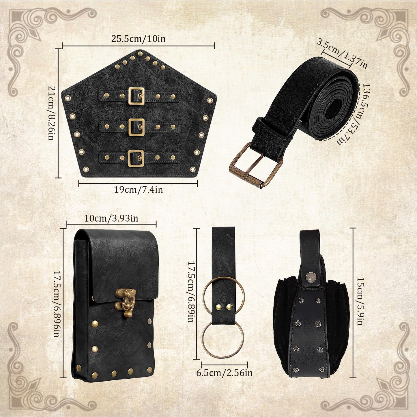 Renaissance Belt Pouch Set Medieval Viking Pirate Leather Belt Pouch & Bracers, Festival Accessories for Halloween (Black)