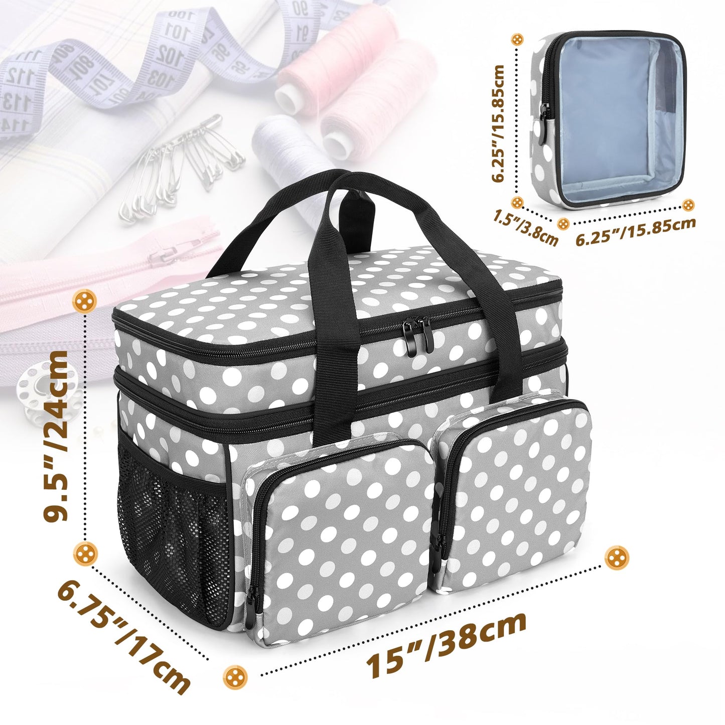 BAFASO Large Sewing Organizer Bag with an Individual Pouch and Detachable Dividers, 2 Layers Sewing Storage Bag for Sewing Supplies(Bag Only), Polka Dots