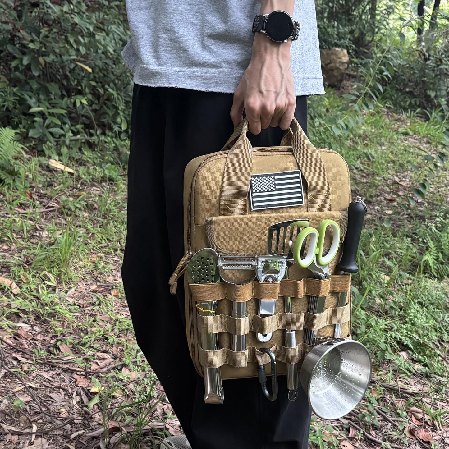 Lemubeane Tactical Camp Kitchen Organizer Camping Cooking Utensils Bag for BBQ, Picnic, Travel & Hiking (Khaki)