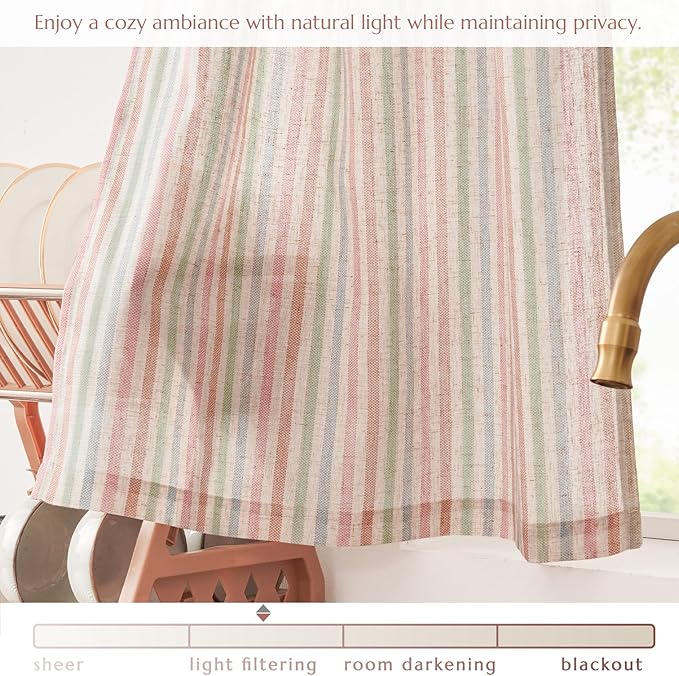 jinchan Striped Linen Kitchen Curtains 24 Inches Christmas Tier Curtains Farmhouse Modern Cafe Style Small Window Treatments Airy Light Filtering Rod Pocket for Living Room Bathroom 2 Panels Candy
