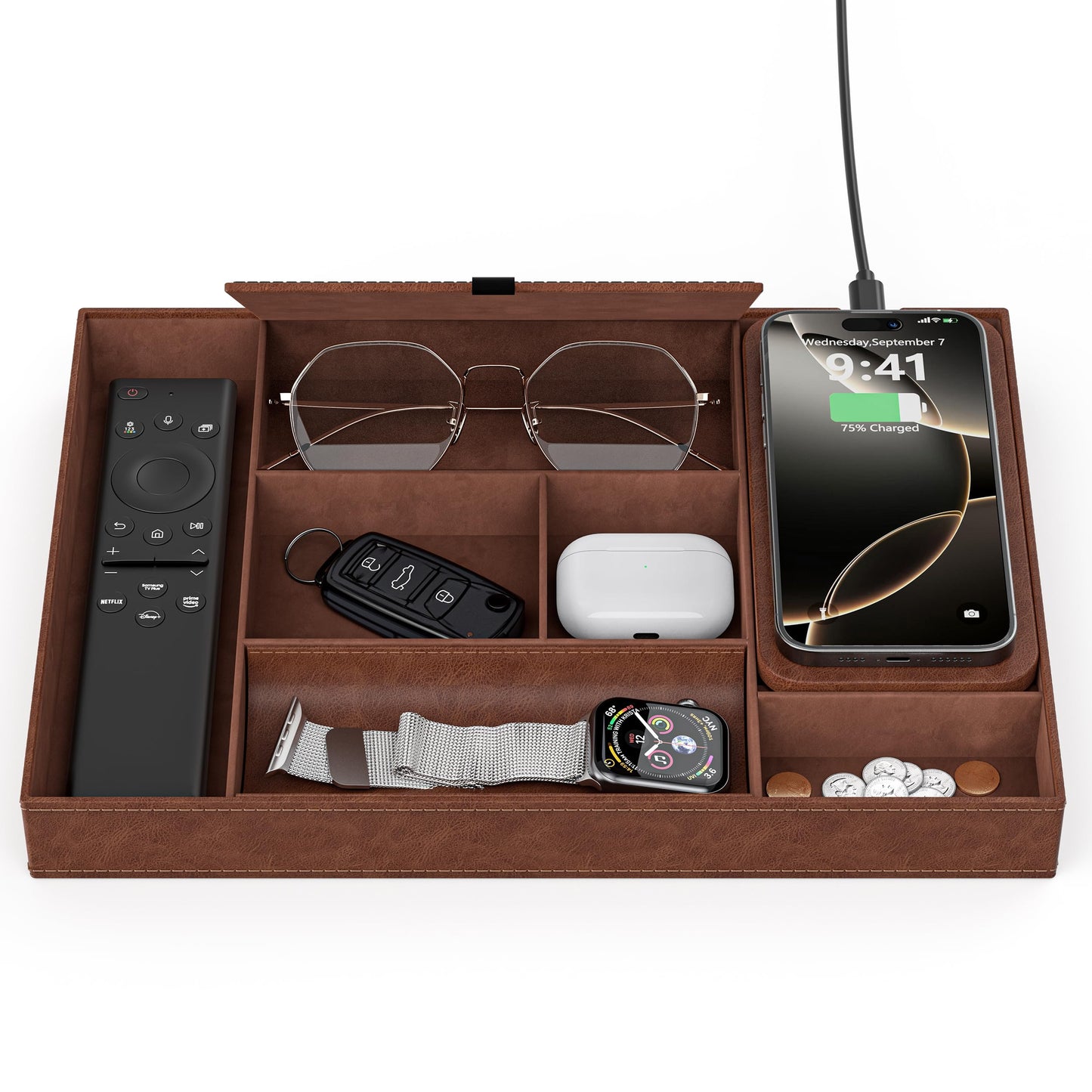Leather Valet Tray with Wireless Charging Pad - Luxury EDC Nightstand Organizer for Men - Premium Desk Tray for Phone, Watch, Glasses & Keys - Sleek Office Desk Accessories & Gift for Him, Brown