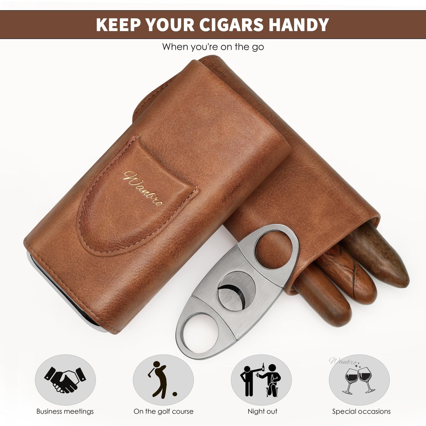 wanbro Cigar Case, 3pcs Holder, Cigars Travel Case, Cedar Lined, Leather Made Cigar Humidor with Stainless Cutter, Christmas gift for men dad