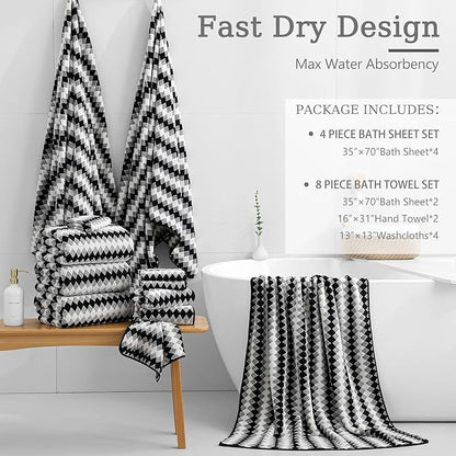 8 Piece Bathroom Towel Set Black White|2 Oversized Large Bath Towels Sheet