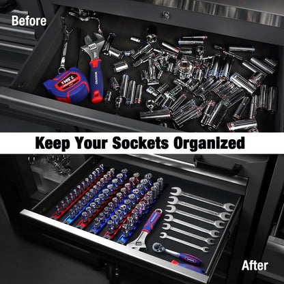 WORKPRO Magnetic Socket Organizer, 1/2-Inch Drive Aluminum Alloy Sockets Rail, Heavy Duty Sockets Holder, Socket Rack Kit 1/2-Inch x 10 Clips (Red)