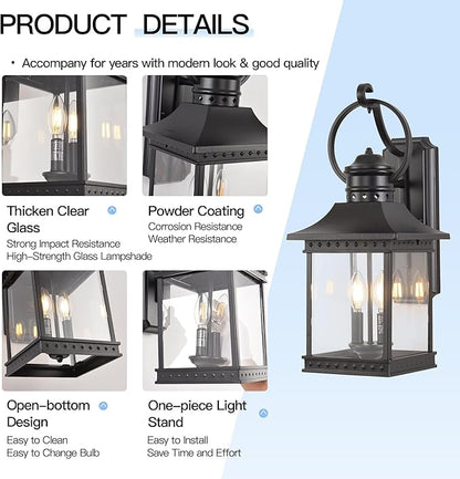 Outdoor Lanterns, 21.5" H Large Exterior Sconce Lights, 2-Light Black Outdoor Wall Light Fixtures with Clear Glass for Porch Patio Farmhouse