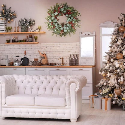 Spring Wreaths for Front Door,Boxwood Wreaths for Indoor and Outdoor Wedding Decorations,Spring Wreath with Pine Cones and Leaves,Berries,Eucalyptus Leaves for Home Decor