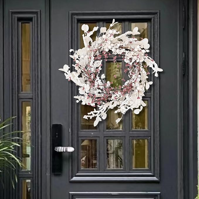 24 inch Winter Wreath for Front Door,Christmas Wreaths Front Door with White Eucalyptus Leaves and White Red Berry Outdoor/Indoor Wall Window Thanksgiving Décor Fireplace Christmas Decorations