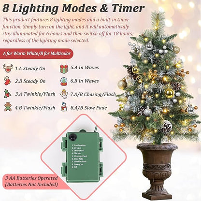 Set of 2 Outdoor Pathway Christmas Trees, 30” Battery Operated Pre-Lit Frosted Xmas Tree with 35 LED Lights, 8 Flash Modes, Holiday Décor for Porch, Yard with Berries/Pine Cones/Balls