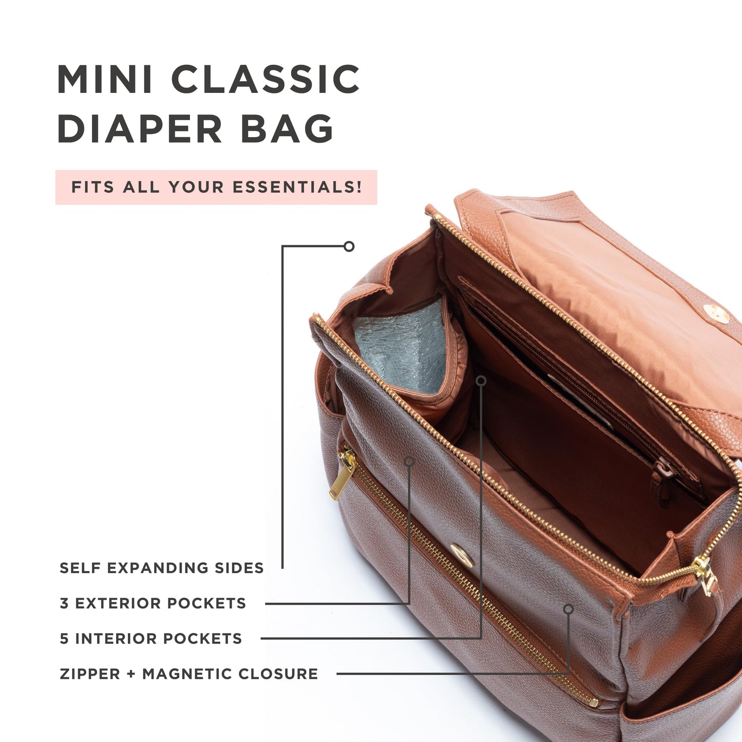 Freshly Picked Mini Diaper Bag II Backpack – Premium Vegan Leather Small Baby Bag with Changing Pad, Compact, Lightweight & Stylish for Moms On-the-Go, Cognac