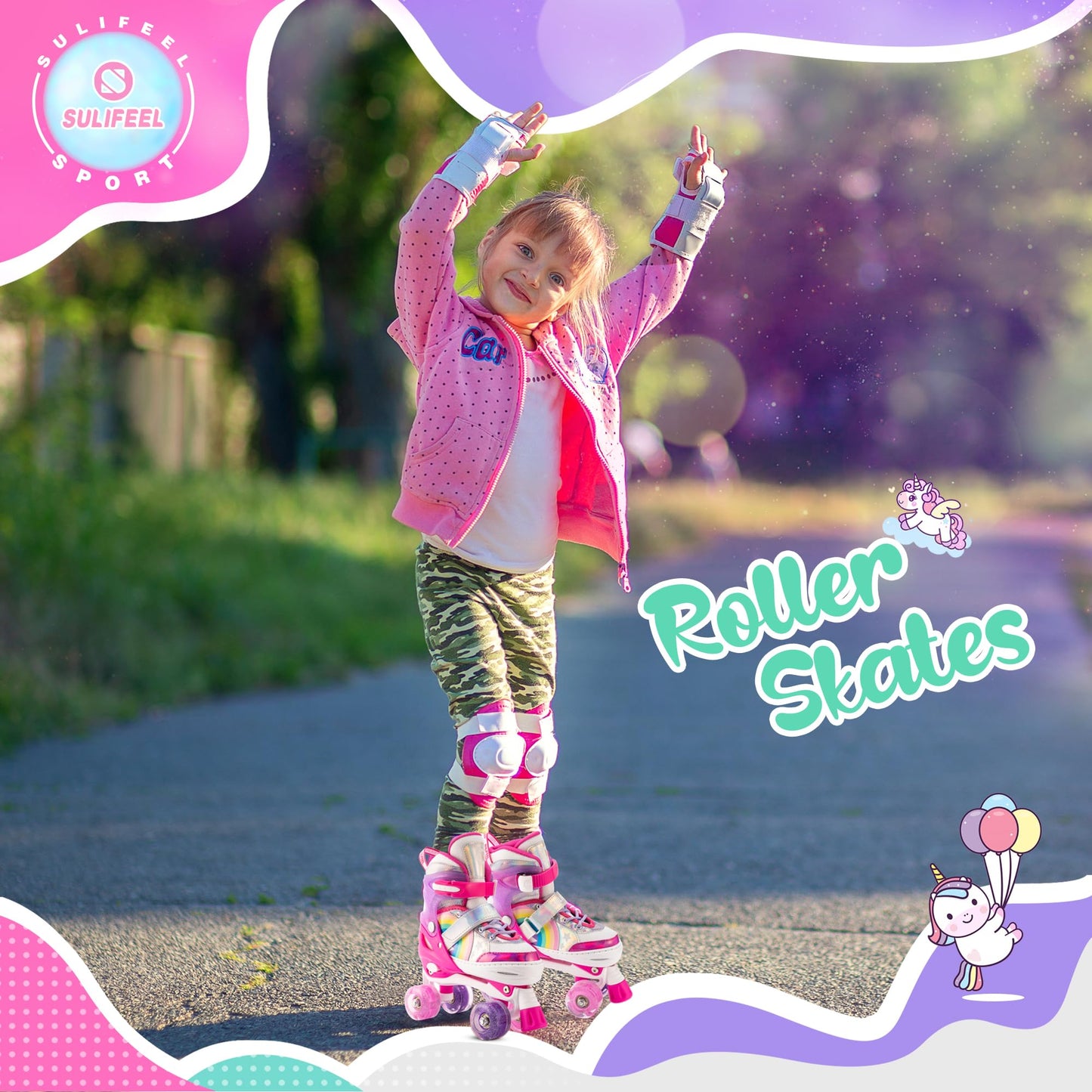 SULIFEEL Rainbow Unicorn 4 Size Adjustable Light up Roller Skates for Girls Boys for Kids Beginners Rollerskates Pink Large
