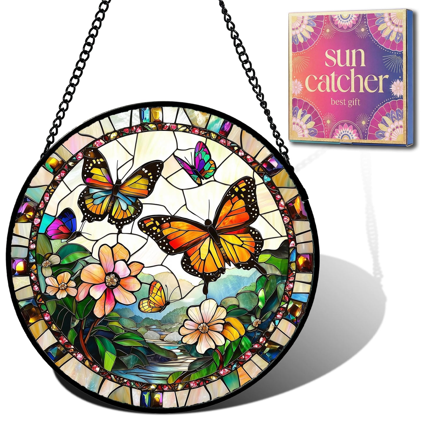 Butterfly Gifts for Mom - Flower Landscape Faux Stained Glass Window Hanging Sun Catcher for Door Garden Acrylic Decor Mother's Day for Women Nana Grandma Sisters Wife Mother 7.8"