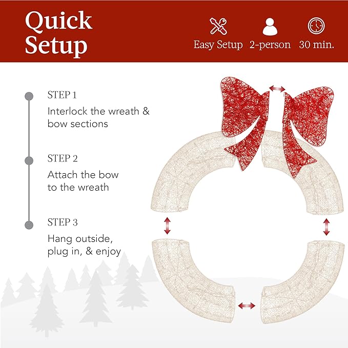 Best Choice Products 30in Pre-Lit Outdoor Christmas Wreath Decoration, LED Metal Holiday Decor for Home w/ 100 Lights, Bow - White/Red