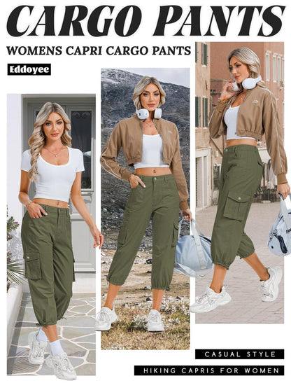 Eddoyee Cargo Capris for Women Pants Cotton Hiking Pants with 6 Pockets Elastic Waist Casual Summer Pants 2026