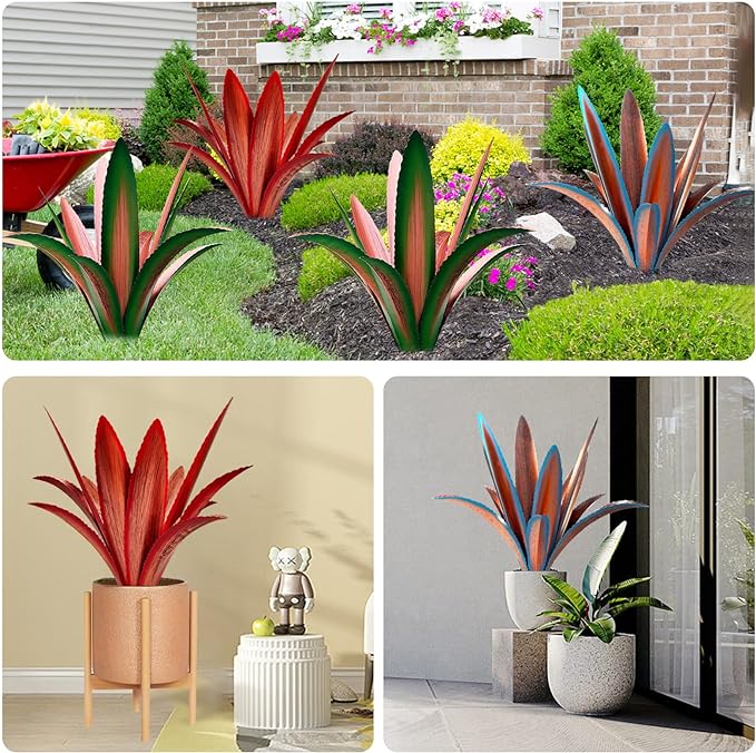 TOMBABY Enlarge Thickened Wind Resistant Iron Agave Metal Plant Country Garden Sculpture Statue Outdoor Decoration Agave Metal Plant Courtyard Garden Lawn Ornament Gift (2, 12 Leaves Blue)