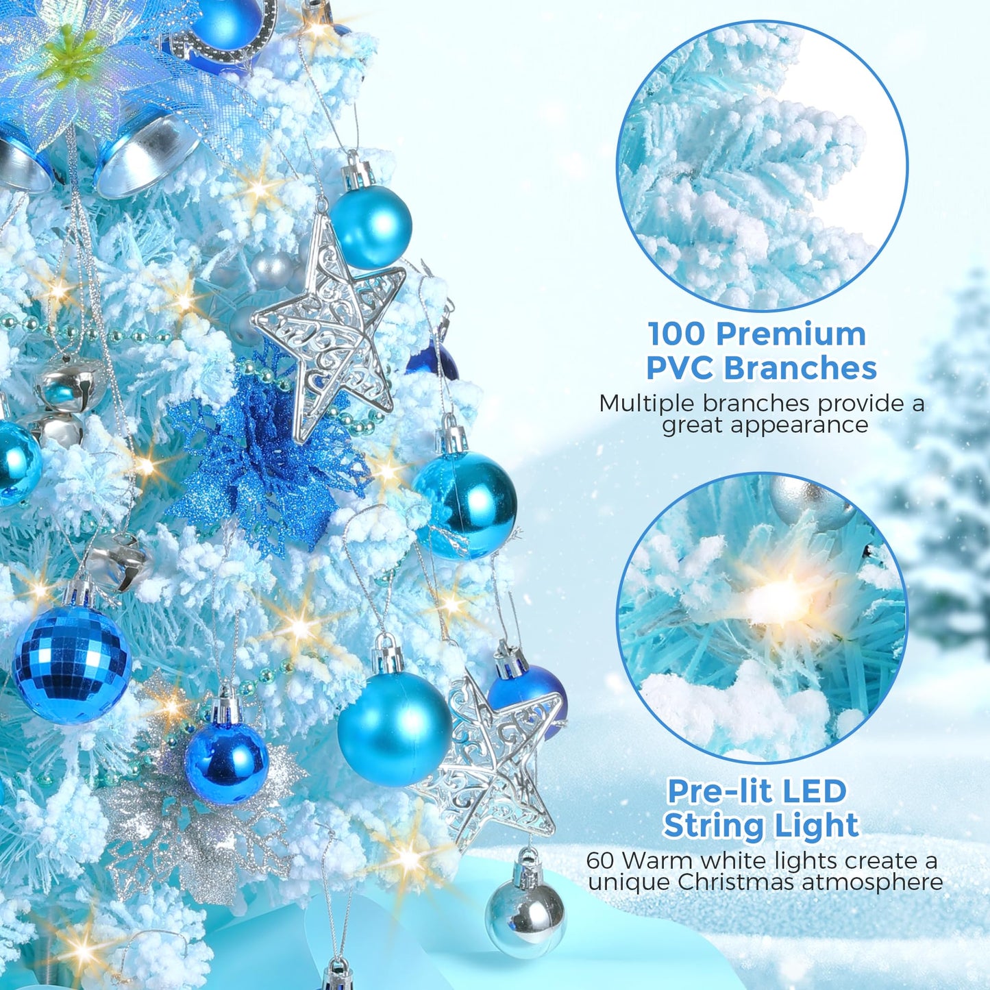 2FT Snow Flocked Christmas Tree, Blue Mini Christmas Tree, Artificial Tabletop Christmas Trees with 60 LED Lights,100 Branch Tips, 47 Ornaments, Small Prelit Xmas Tree for Home Party