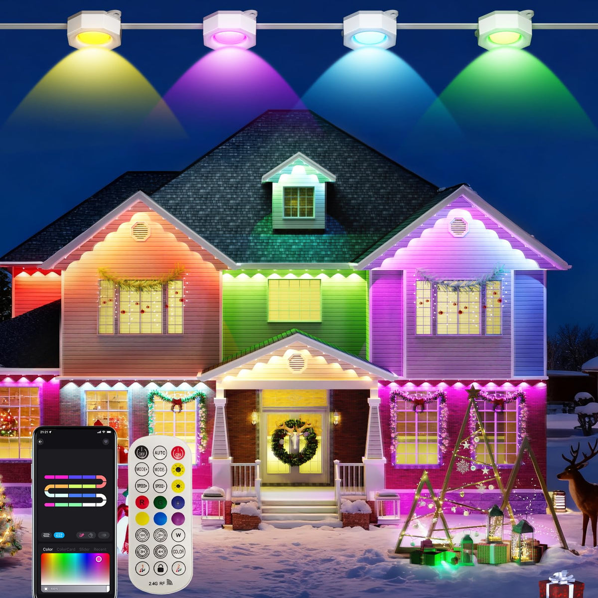 Smart Permanent Outdoor Lights for House, 100ft with 60 Smart AI RGB+IC Christmas House Lights, 98 Scene for Halloween Christmas All Holiday Decor, IP67 Waterproof Work with Alexa, Google Assistant