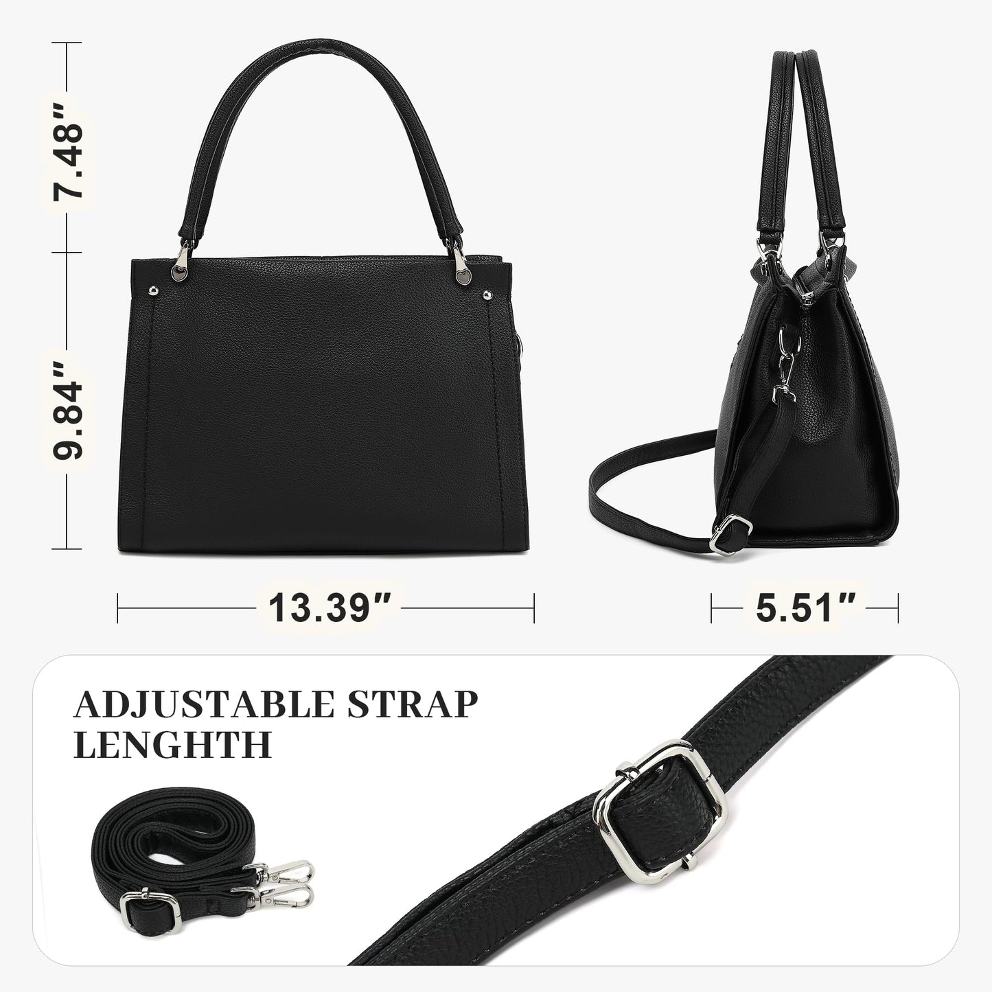 KOGTLA Lychee-textured Leather Purses for Women, Sturdy Ladies Vegan PU Handbags with Adjustable Satchel Strap, Tote Hobo Shoulder Bags Black