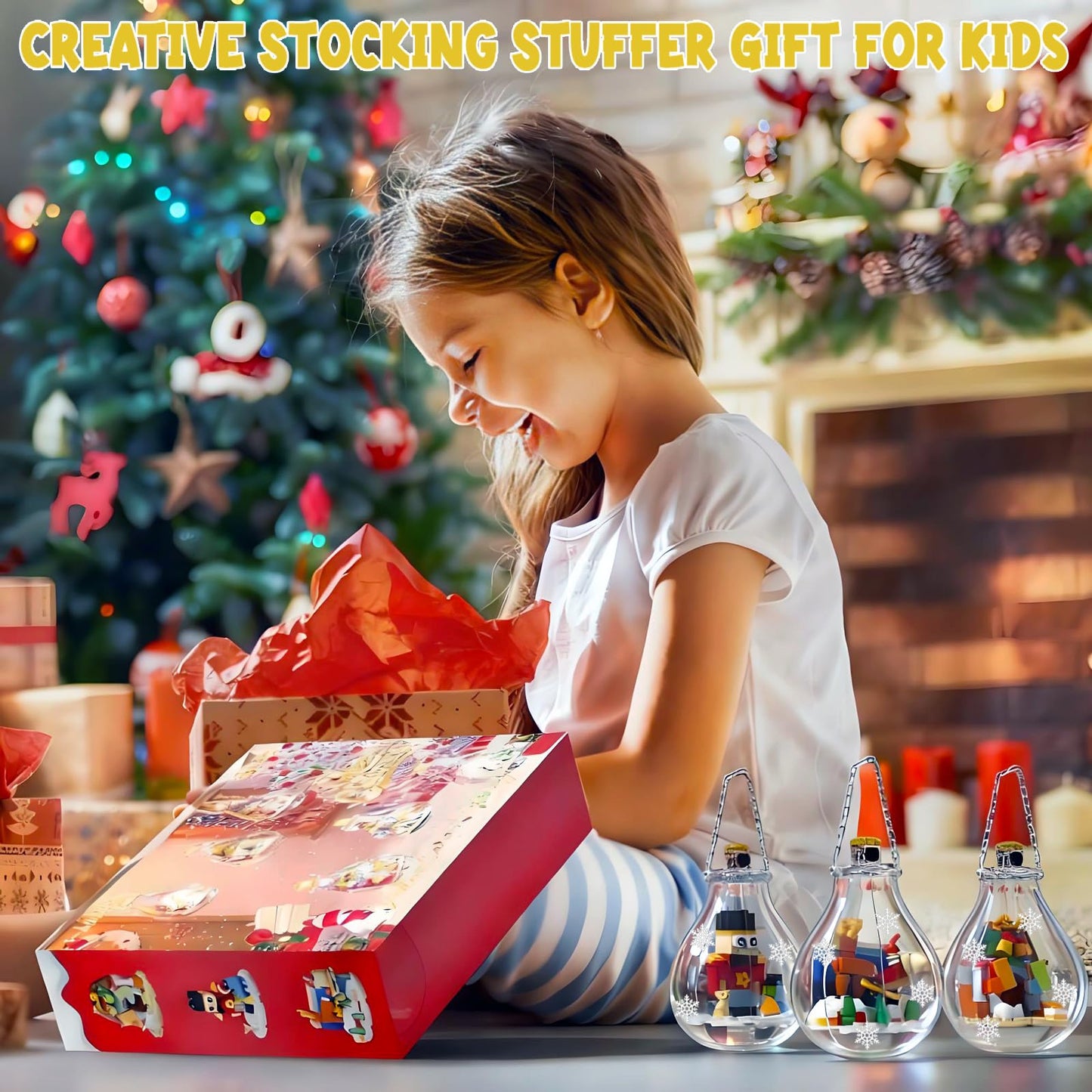 6 Pack Christmas Tree Bulb Ornament with Light Building Set, Including Gingerbread House, Penguin House, Christmas House, Fireplace, Nutcracker, Reindeer, Stocking Stuffer Toy Gifts for Kids.(405PCS)