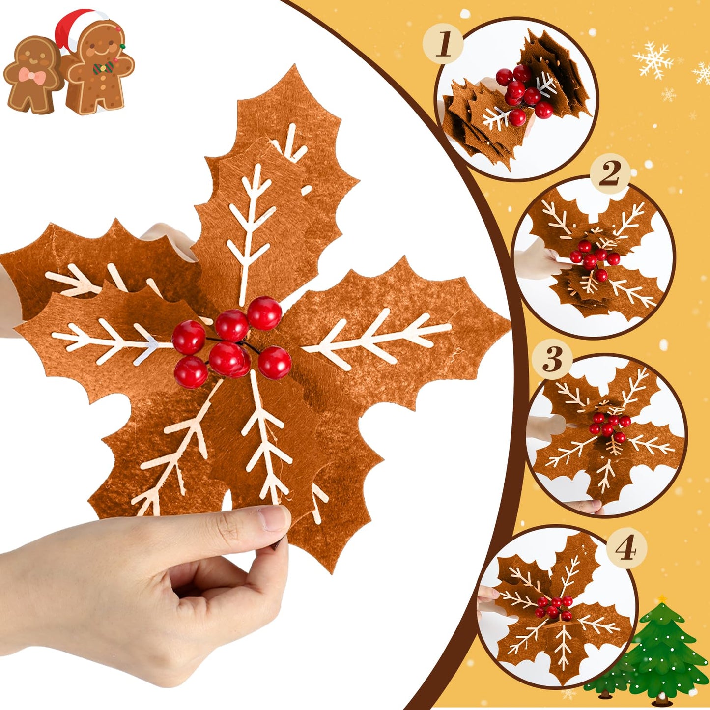 Suncalla 8 Pcs 9 Inch Gingerbread Poinsettia Christmas Tree Picks Decorations Felt Artificial Poinsettia Flowers with Red Berries Christmas Tree Ornaments Topper for Xmas Floral Wreath Vase Decoration