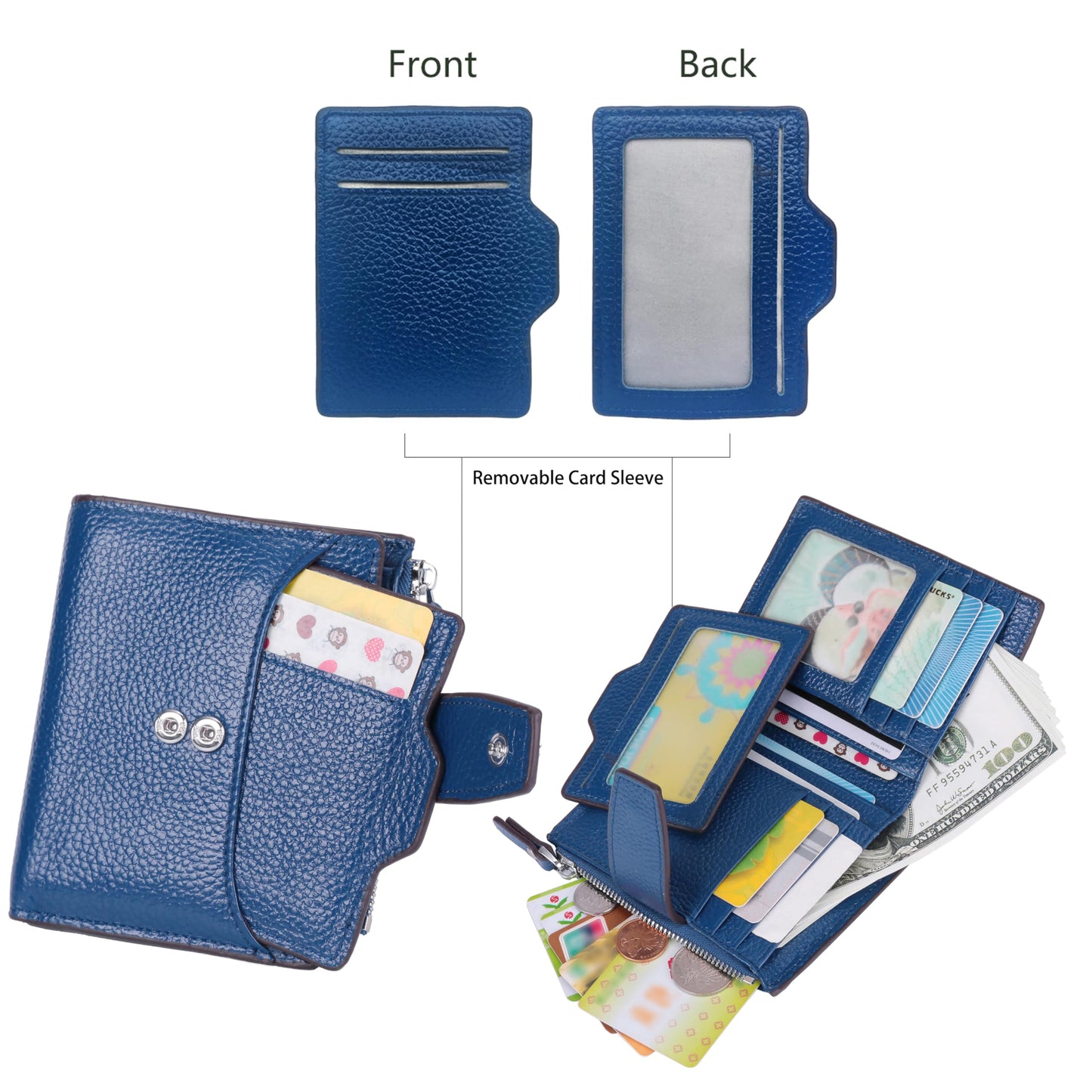 AINIMOER Women's RFID Blocking Leather Bi-fold Wallet, Lichee Blue