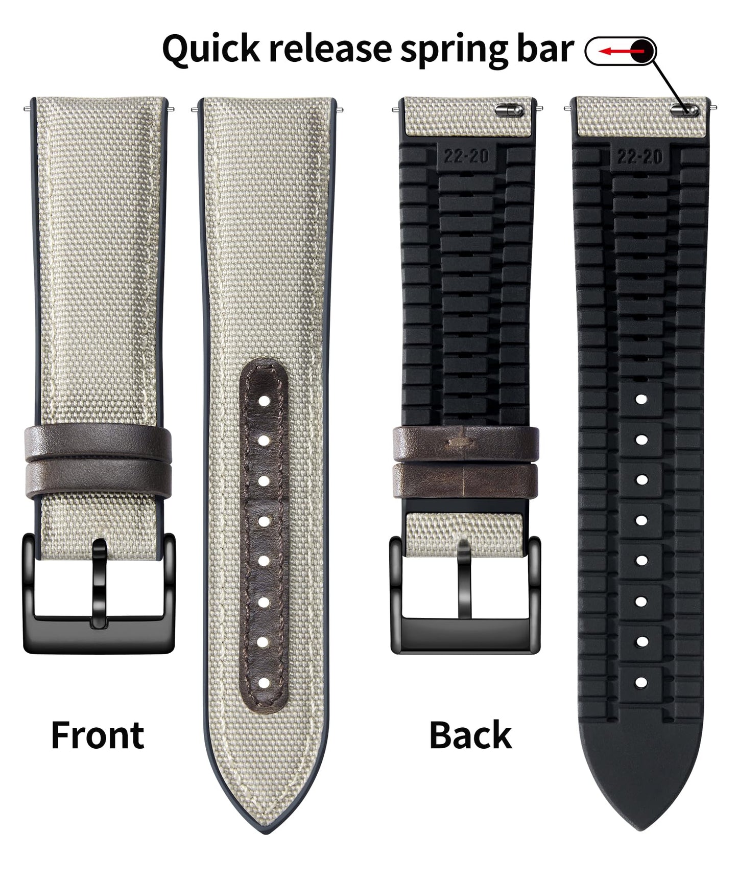 BINLUN Nylon Silicone Watch Bands 18mm 19mm 20mm 21mm 22mm Quick Release Canvas Rubber Hybrid Watch Strap Replacement Watchband for Men Women 9 Colors Silver/Black Buckle(Khaki-Black,20mm)
