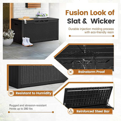 Greesum 100 Gallon Resin Patio Storage Box for Garden Tools, Outdoor Furniture Cushions, Pool Supplies, Black