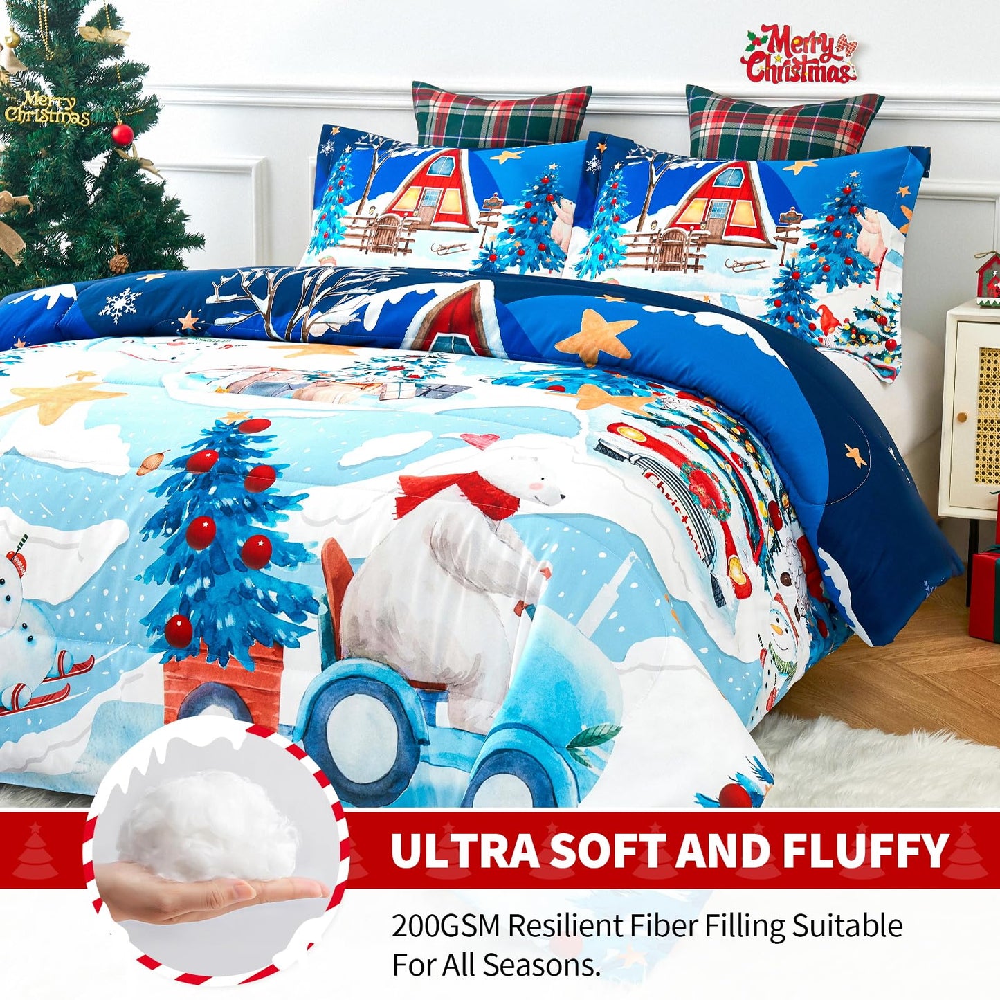 YIYEA Christmas Queen Comforter Set for Girls Boys, Cute Kids Comforter with 2 Pillowcase, Ultra Soft Brushed Microfiber Christmas Bedding Comforter Sets, Suit for All Season, Machine Washable
