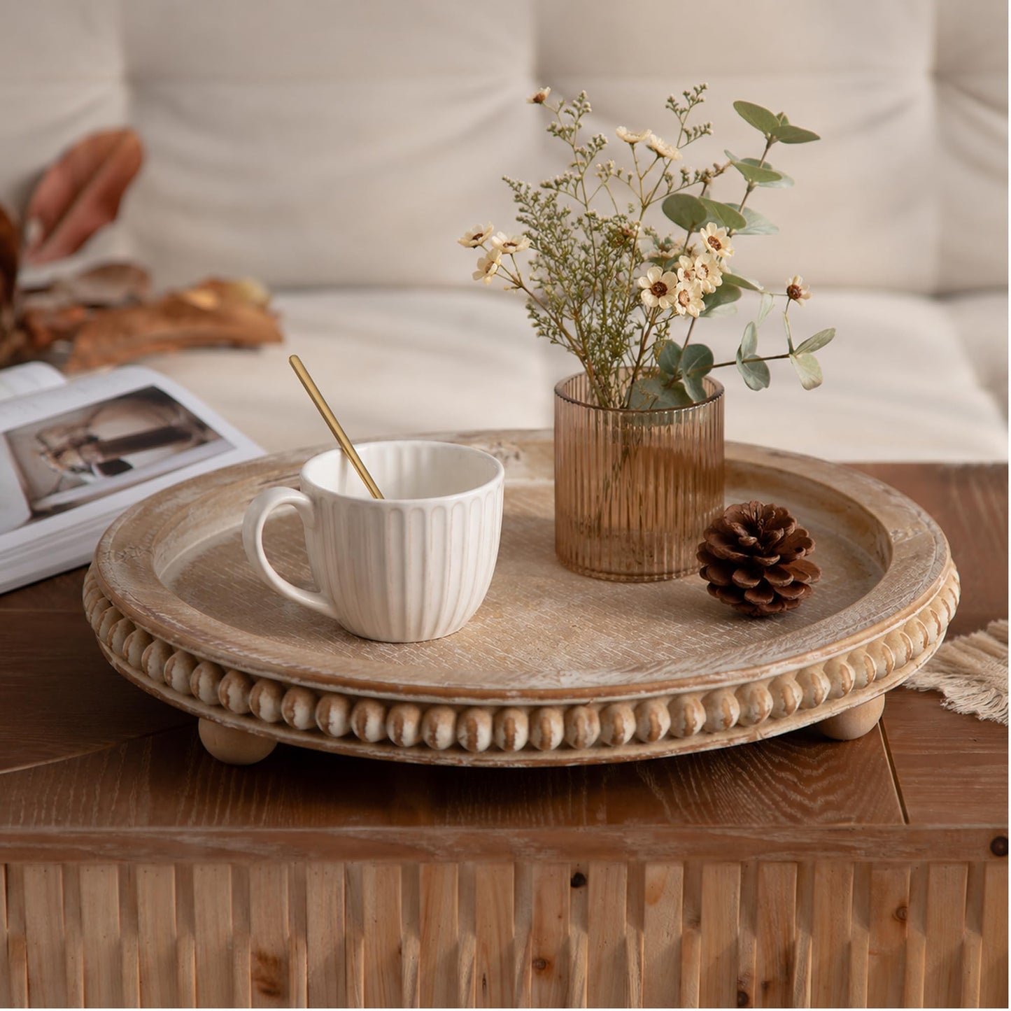 Round Decorative Tray for Coffee Table, Natural Wood Beaded Tray with Detachable Legs, 11.87" Farmhouse Rustic Serving Tray for Living Room, Ottoman, Kitchen Counter, Dining Table Decor