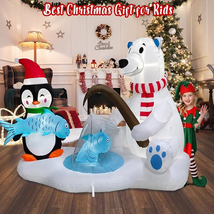 7.1FT Christmas Inflatable Polar Bear & Penguin Fishing Decoration, Christmas Blow Up Penguin Wear Scarf & Santa Hat and Polar Bear Inflatable Built-in 5 LED for Christmas Inflatables Outdoor