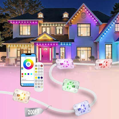 Permanent Outdoor Lights, 200ft RGB+IC Smart LED Eaves Lights, IP67 Waterproof Outdoor Decor with App/Remote Control for Halloween, Christmas, Holiday, Daily, Party