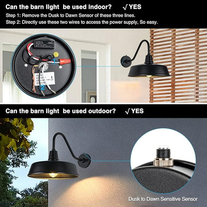 Gooseneck Barn-Lights Outdoor Fixture - 15 inch Farm Style Black Large Lighting Farmhouse Exterior Sconce Wall Light for House, Dusk to Dawn Sensor Front Door Porch Garage (15 inch)