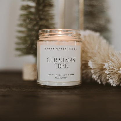 Sweet Water Decor Christmas Tree Candle - Pine Needles, Cedarwood, Cypress, and Evergreen Soy Holiday Scented Candles for Home - 9oz Clear Jar Candle, 40+ Hour Burn Time, Made in The USA