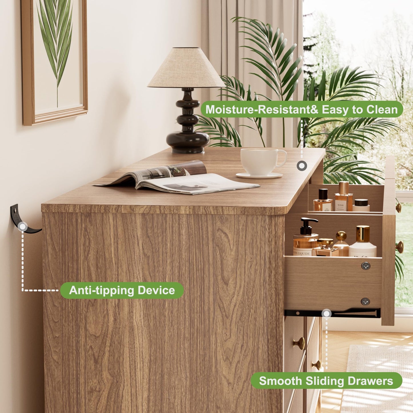 INNOD Fluted 6 Drawers Dresser, 54" Wide Modern Chest of Drawers with Round Corners, Wooden Dresser TV Stand, Wood Drawer Organizer for Bedroom, Living Room, Hallway