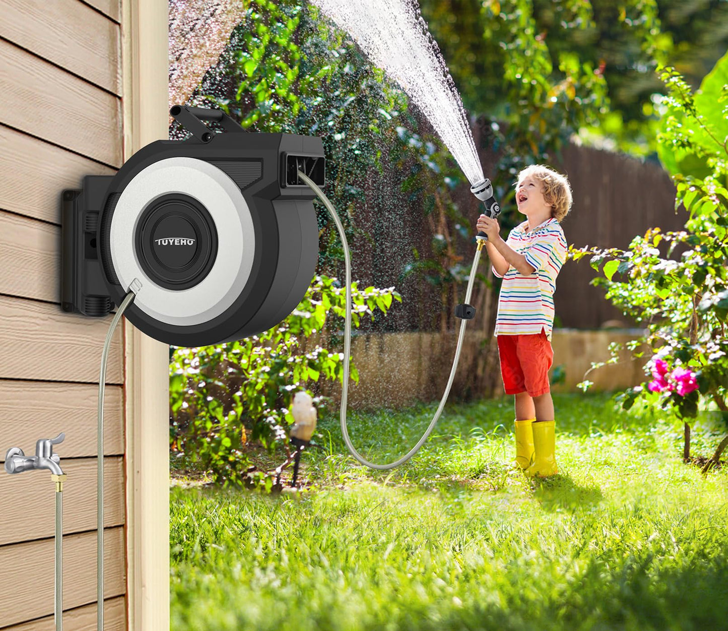 Tuyeho Retractable Garden Hose Reel 100FT, Wall Mount Heavy Duty Water Hose Reels with Automatic Slow Rewind System, Outdoor Hoses Reel with 2 Hose Nozzles for Garden Watering, Car Wash, Pet Shower