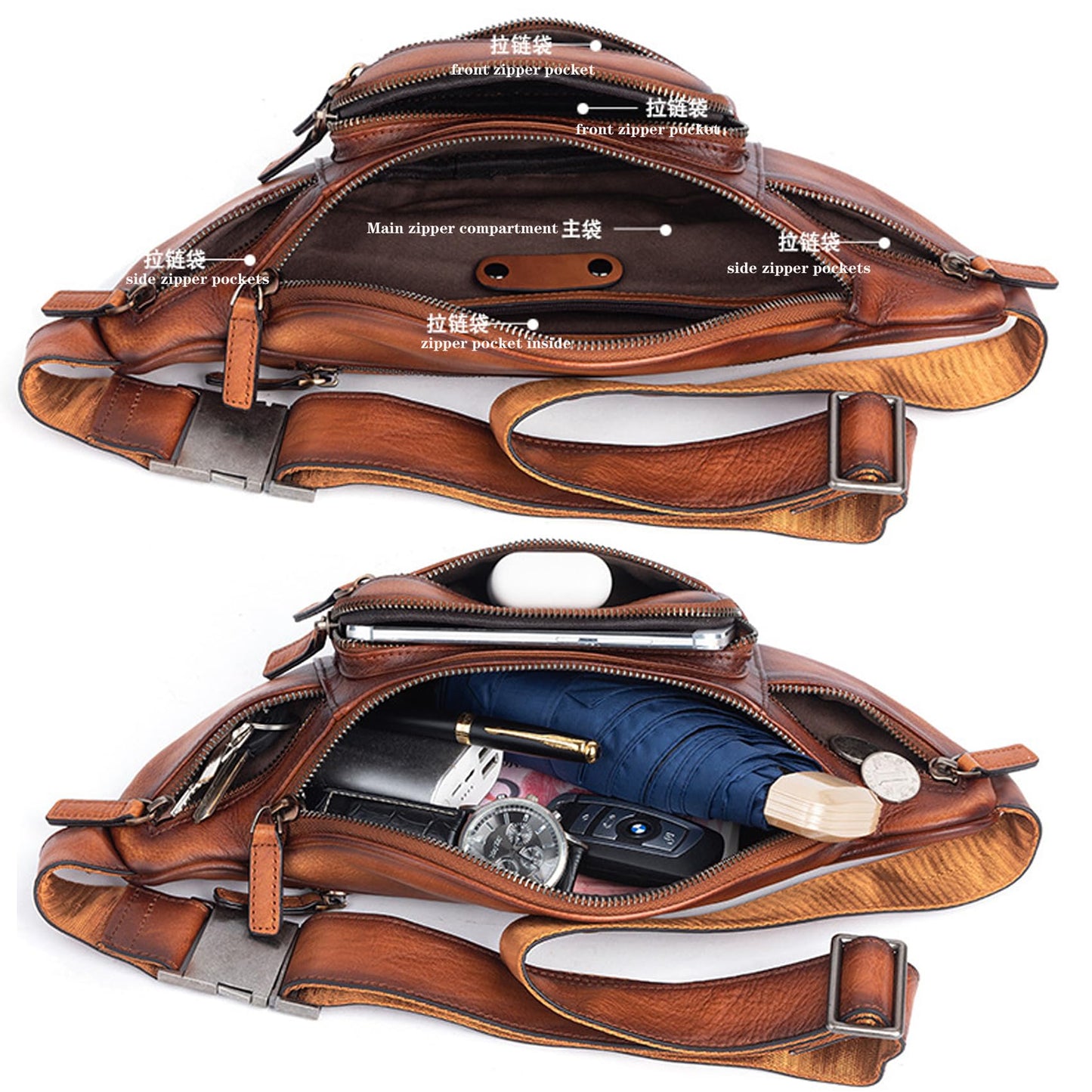 Myunxui Genuine Leather Fanny Pack Waist Bag for Men Women Hip Bum Bag Travel Pouch Sling Bag Crossbody Chest Bags Shoulder Daypack Multiple Pockets Waist Pack Brown