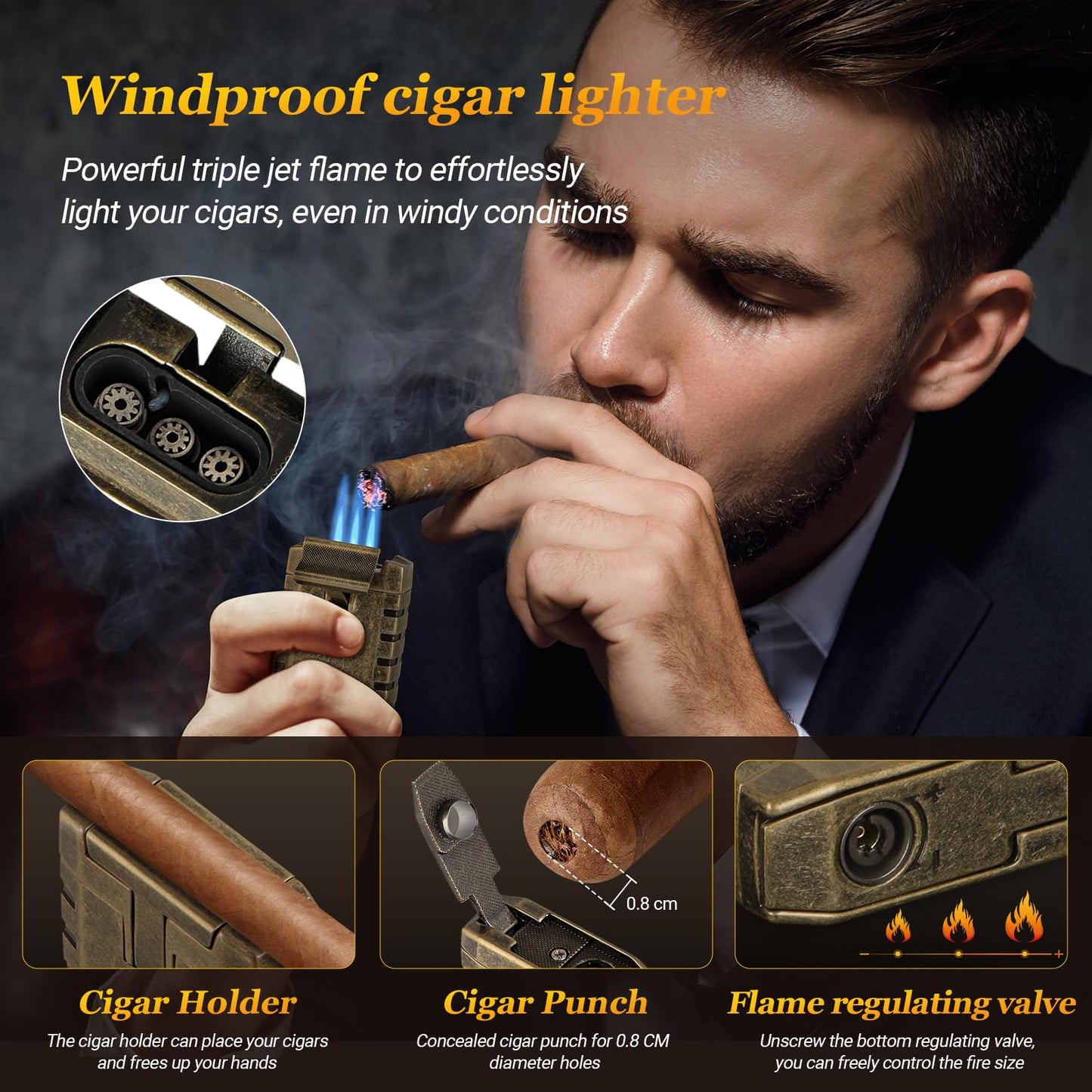 SEMKONT Travel Cigar Humidor, Portable Cedar Wood Lined Cigar Box, Waterproof Anti Pressure Sealed Cigar Storage Case, With Humidifier and Cigar Lighter Set, Can Holds 6 Cigars(Butane Not Included)